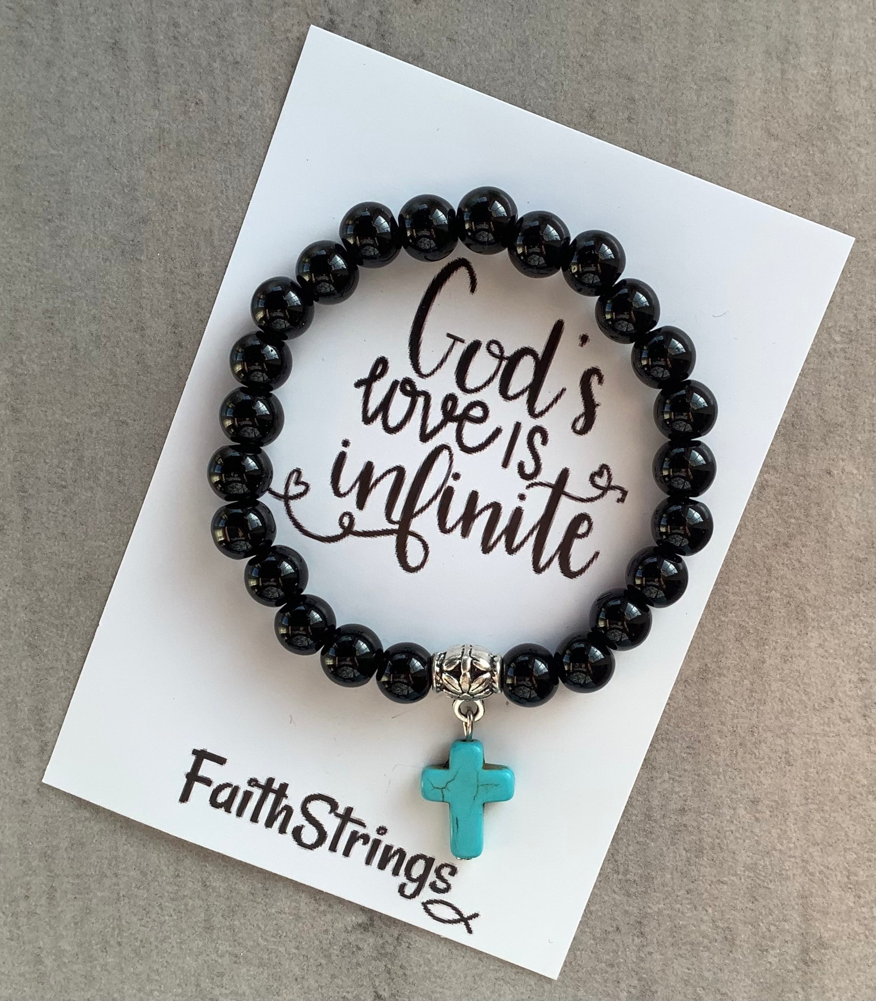 Christian Gift 🎁 Black synthetic Bead Stretch Bracelet with dangle cross charm