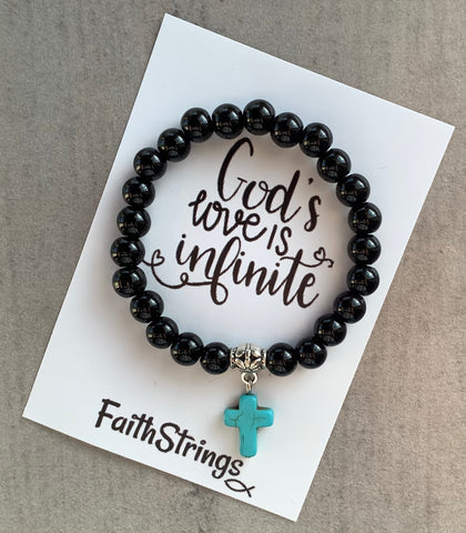 Christian Gift 🎁 Black synthetic Bead Stretch Bracelet with dangle cross charm