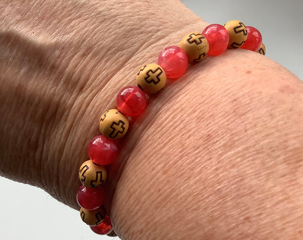 Christian Gift Red & Wood Beaded Acrylic Stretch Bracelet