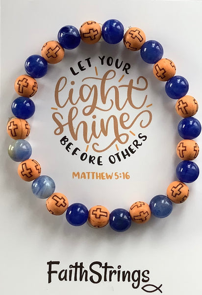 Christian Gift Blue Acrylic & Wood Bead Bracelet Faithstrings