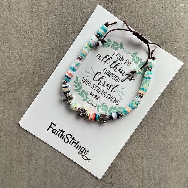Silver Tibetan Cross bead multicolour polymer slip knot bracelet Faithstrings Christian gift 🎁