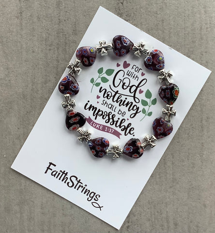 Millefiori Glass Beaded Stretch Bracelet Purple Cross Christian Gift - God Impossible
