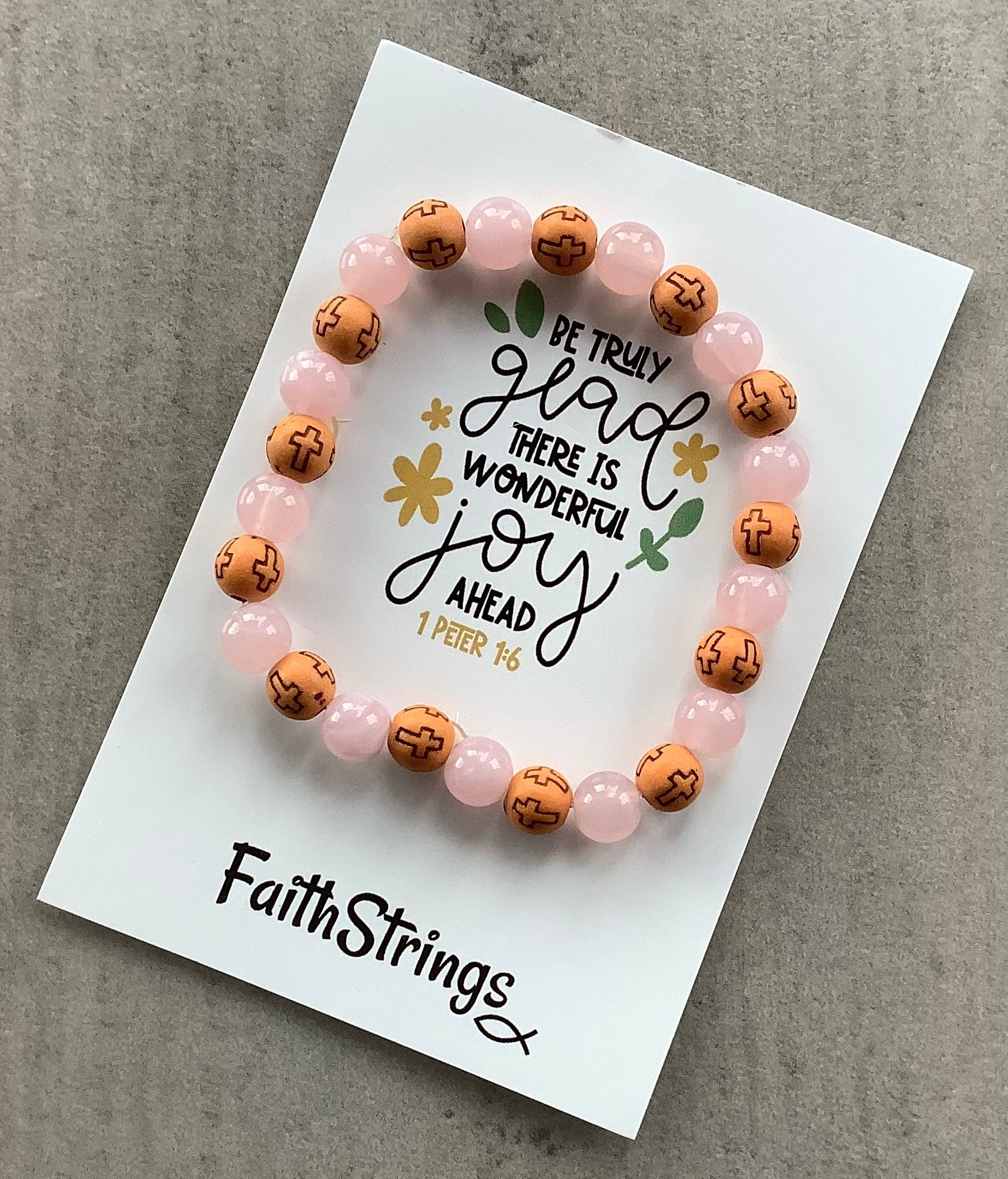 Christian Gift Pink & Wood Beaded Acrylic Stretch Bracelet
