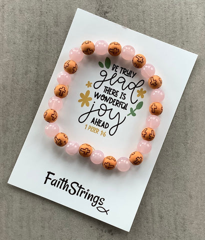 Christian Gift Pink & Wood Beaded Acrylic Stretch Bracelet