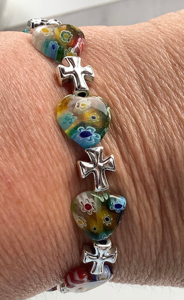 Millefiori Glass Beaded Stretch Bracelet Multicolopured Cross Christian Gift - God Infinite