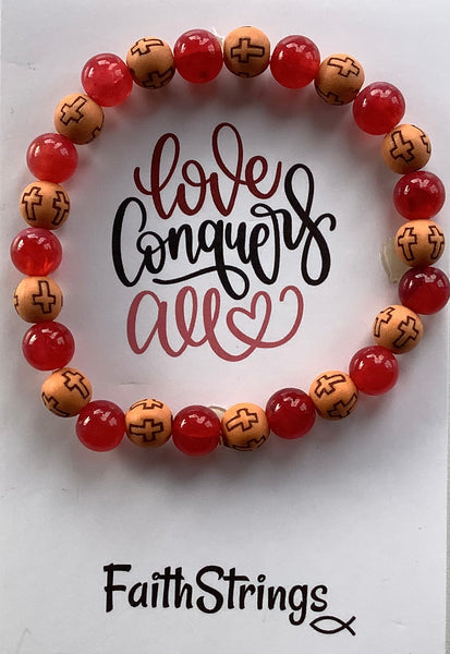 Christian Gift Red & Wood Beaded Acrylic Stretch Bracelet
