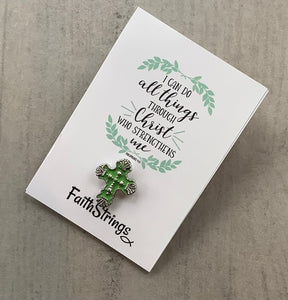 Christian Cross Pin Badge Gift 🎁 Green & Silver Christ Faithstrings Religious