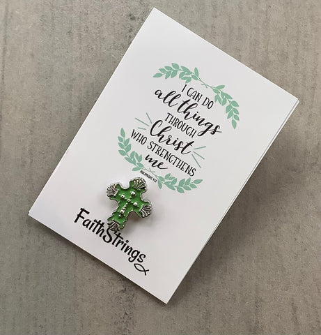 Christian Cross Pin Badge Gift 🎁 Green & Silver Christ Faithstrings Religious