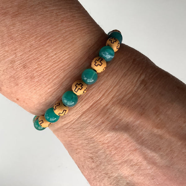 Christian Gift Stretch Beaded Green Acrylic & Wood Bracelet