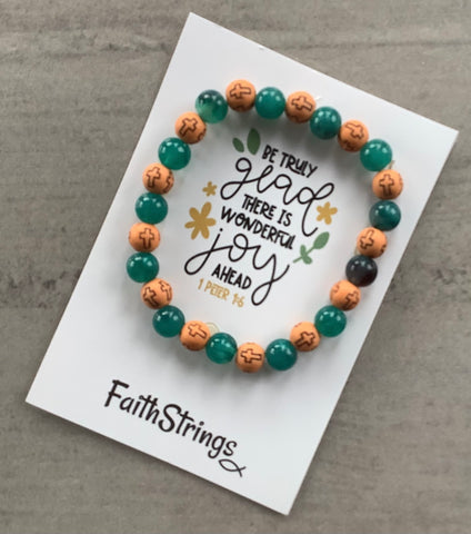 Christian Gift Stretch Beaded Green Acrylic & Wood Bracelet