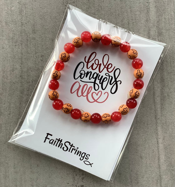 Christian Gift Red & Wood Beaded Acrylic Stretch Bracelet