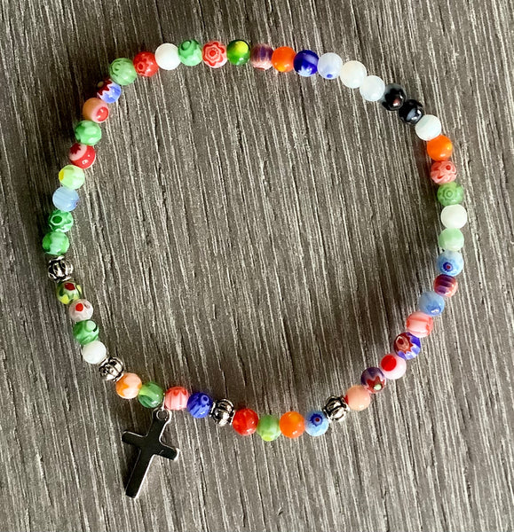 Millefiori Beaded Bracelet Tibetan Silver Cross Charm Christian Gift God
