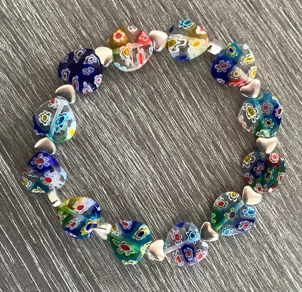 Millefiori Glass Beaded Stretch Bracelet Multicoloured Heart ❤️ Christian Gift 🎁 Love