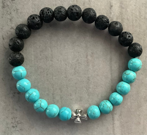 Christian Gift Cross Turquoise & Lava Bead Stretch Bracelet Faithstrings God Impossible
