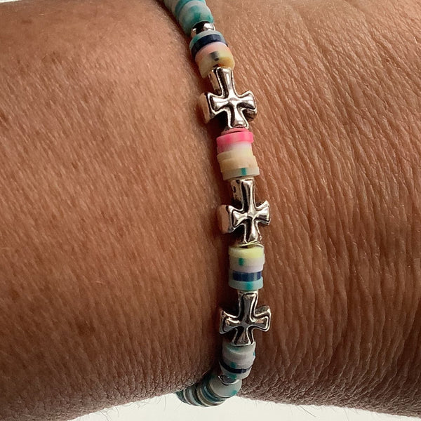 Silver Tibetan Cross bead multicolour polymer slip knot bracelet Faithstrings Christian gift 🎁