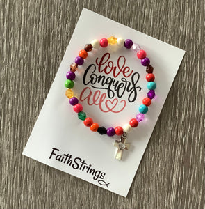 Christian Gift Stretch Bead Bracelet silver cross heart multicolour