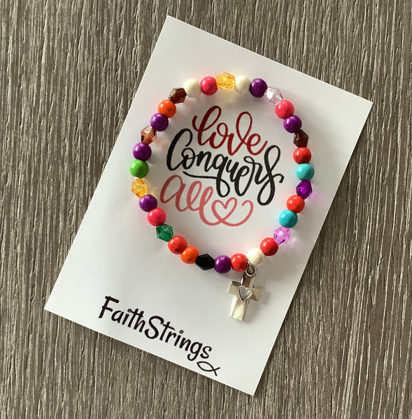 Christian Gift Stretch Bead Bracelet silver cross heart multicolour