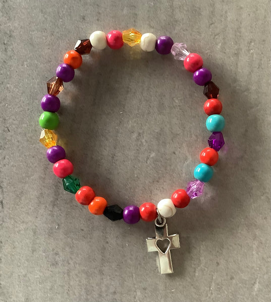 Christian Gift Stretch Bead Bracelet silver cross heart multicolour
