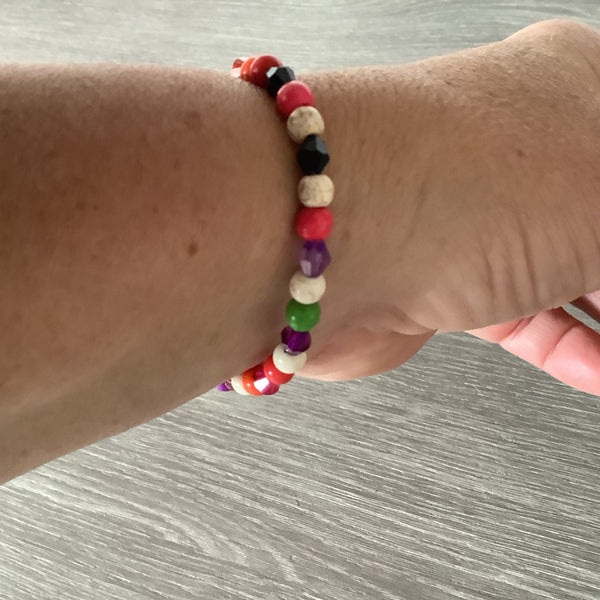 Christian Gift Stretch Bead Bracelet silver cross heart multicolour