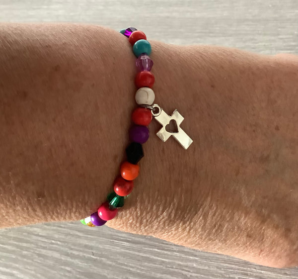 Christian Gift Stretch Bead Bracelet silver cross heart multicolour