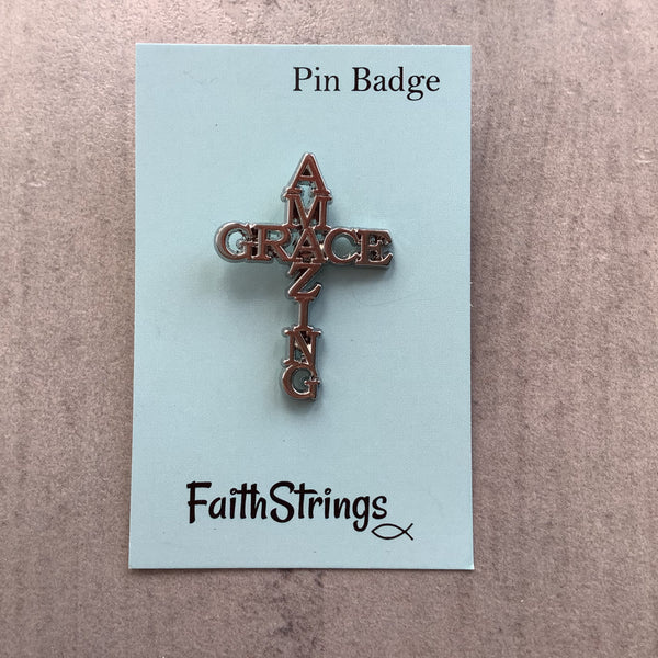 Pin Badge Christian Gift Amazing Grace Silver effect Cross Faithstrings