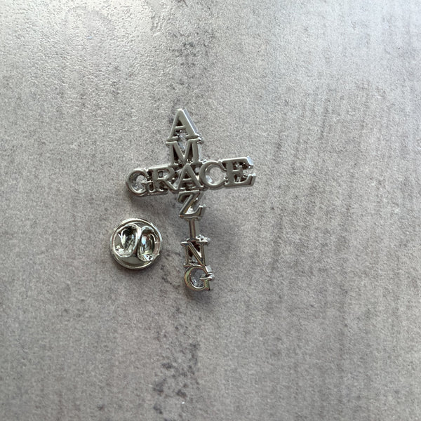 Pin Badge Christian Gift Amazing Grace Silver effect Cross Faithstrings