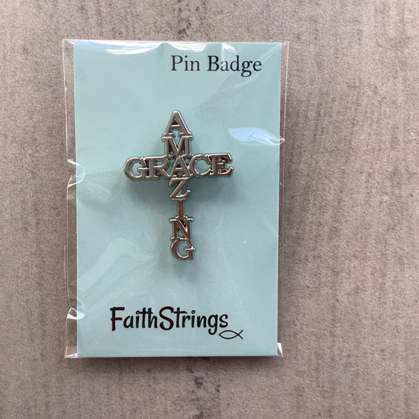 Pin Badge Christian Gift Amazing Grace Silver effect Cross Faithstrings