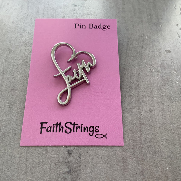 Pin Badge Faith Heart Christian Gift Silver effect Faithstrings