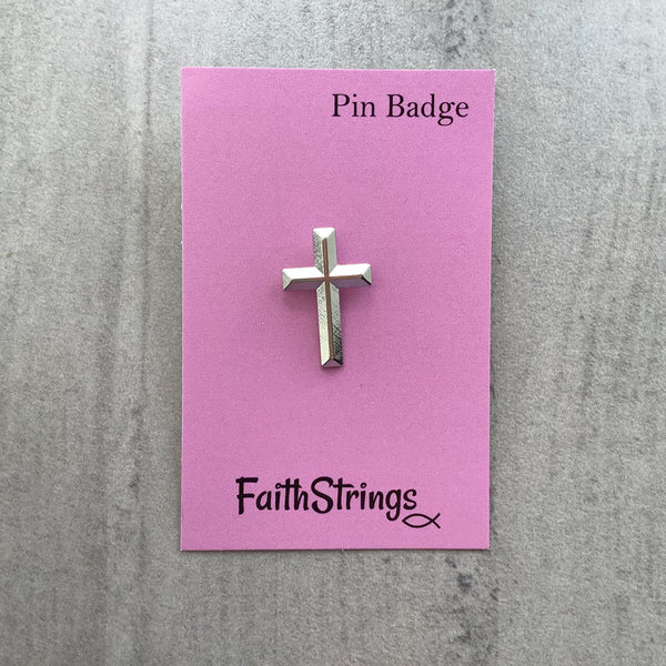 Pin Badge Christian Gift Silver effect Cross God Jesus Religion Faithstrings