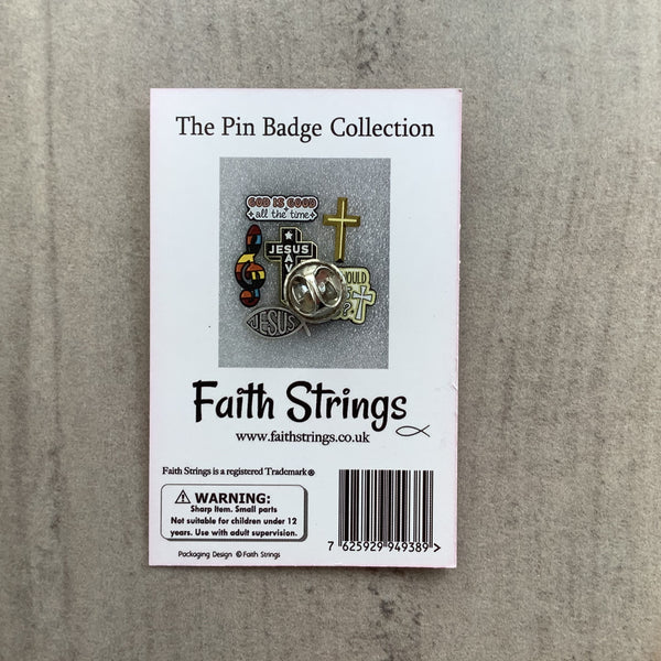 Pin Badge Christian Gift Silver effect Cross God Jesus Religion Faithstrings