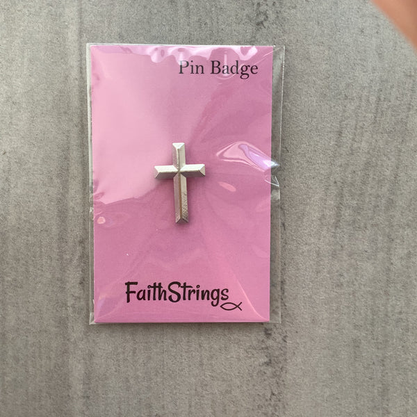 Pin Badge Christian Gift Silver effect Cross God Jesus Religion Faithstrings