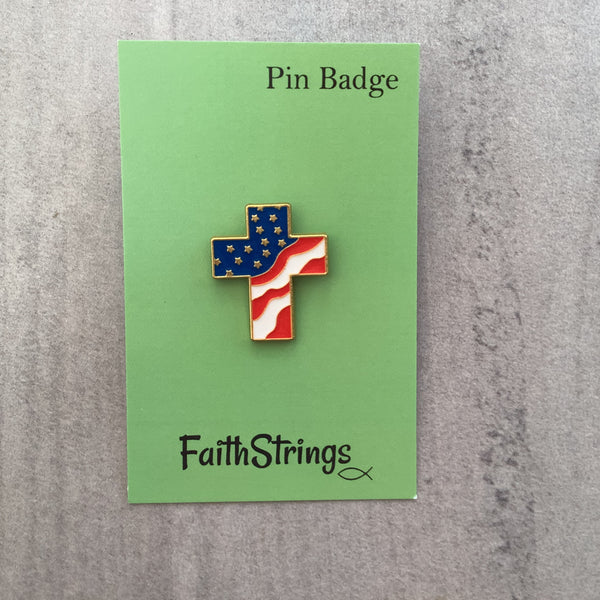 Pin Badge Christian Gift American Flag Cross God Jesus Religion Faithstrings