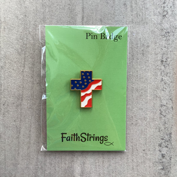 Pin Badge Christian Gift American Flag Cross God Jesus Religion Faithstrings