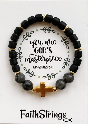 Christian Gift Gold effect Cross Polymer Bead Bracelet Faithstrings You are Gods Masterpiece
