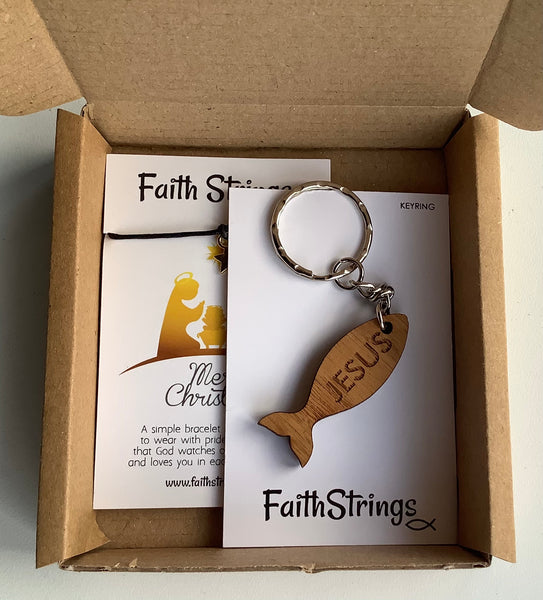 Christian Gift Box Set Merry Christmas Keyring Icthus Fish Star Stable Faithstrings