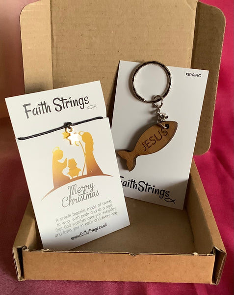 Christian Gift Box Set Merry Christmas Keyring Icthus Fish Star Stable Faithstrings