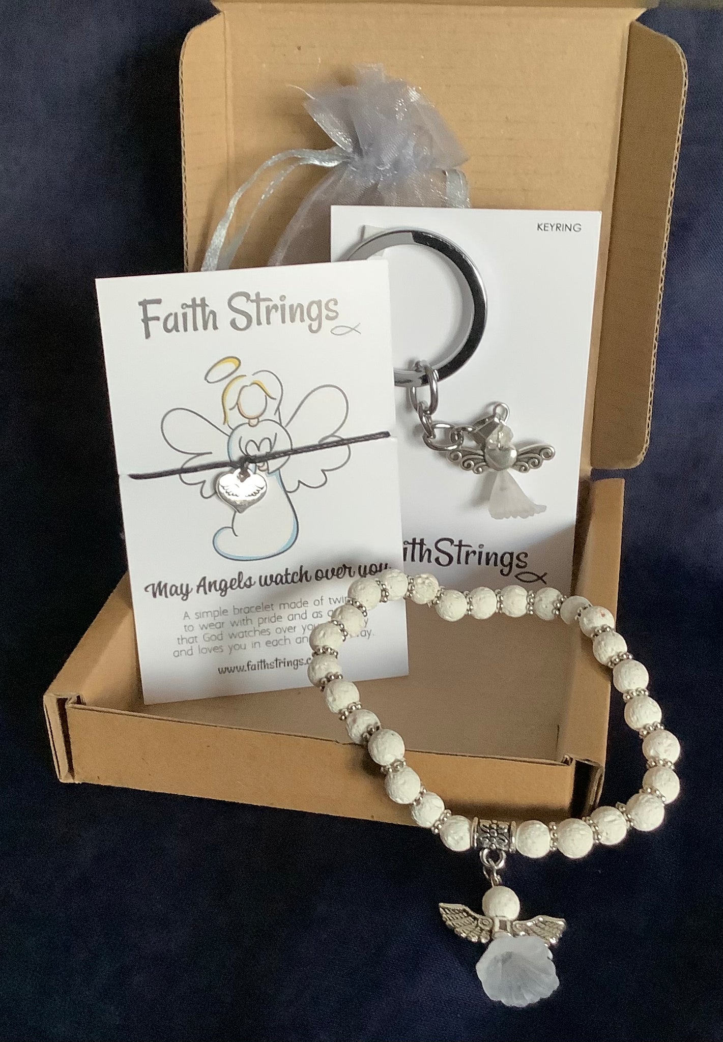 Christian Gift Box White Angel Faithstrings Keyring Bracelet