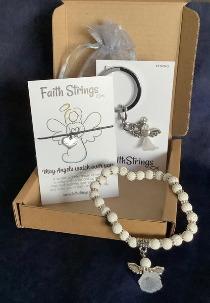 Christian Gift Box White Angel Faithstrings Keyring Bracelet