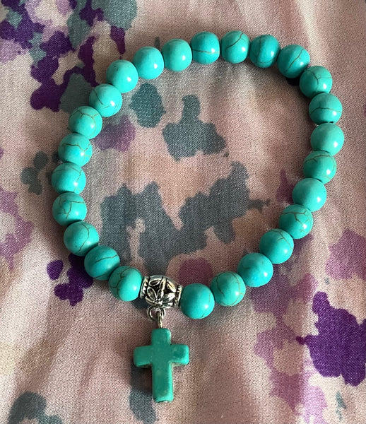 Faithstrings Gift Box Set Christmas Turquoise Bead Stretch Bracelet Keyring Cross