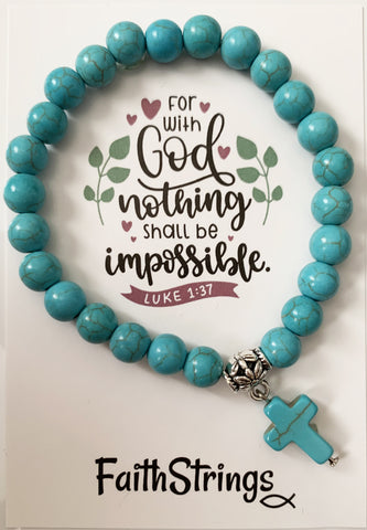 Christian Gift Synthetic Turquoise Bead Stretch Bracelet with dangle cross - with God