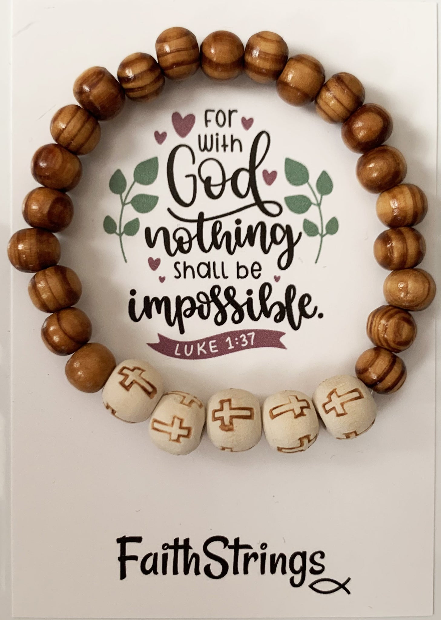 For with God nothing shall be impossible Christian Wood White Bead Bracelet