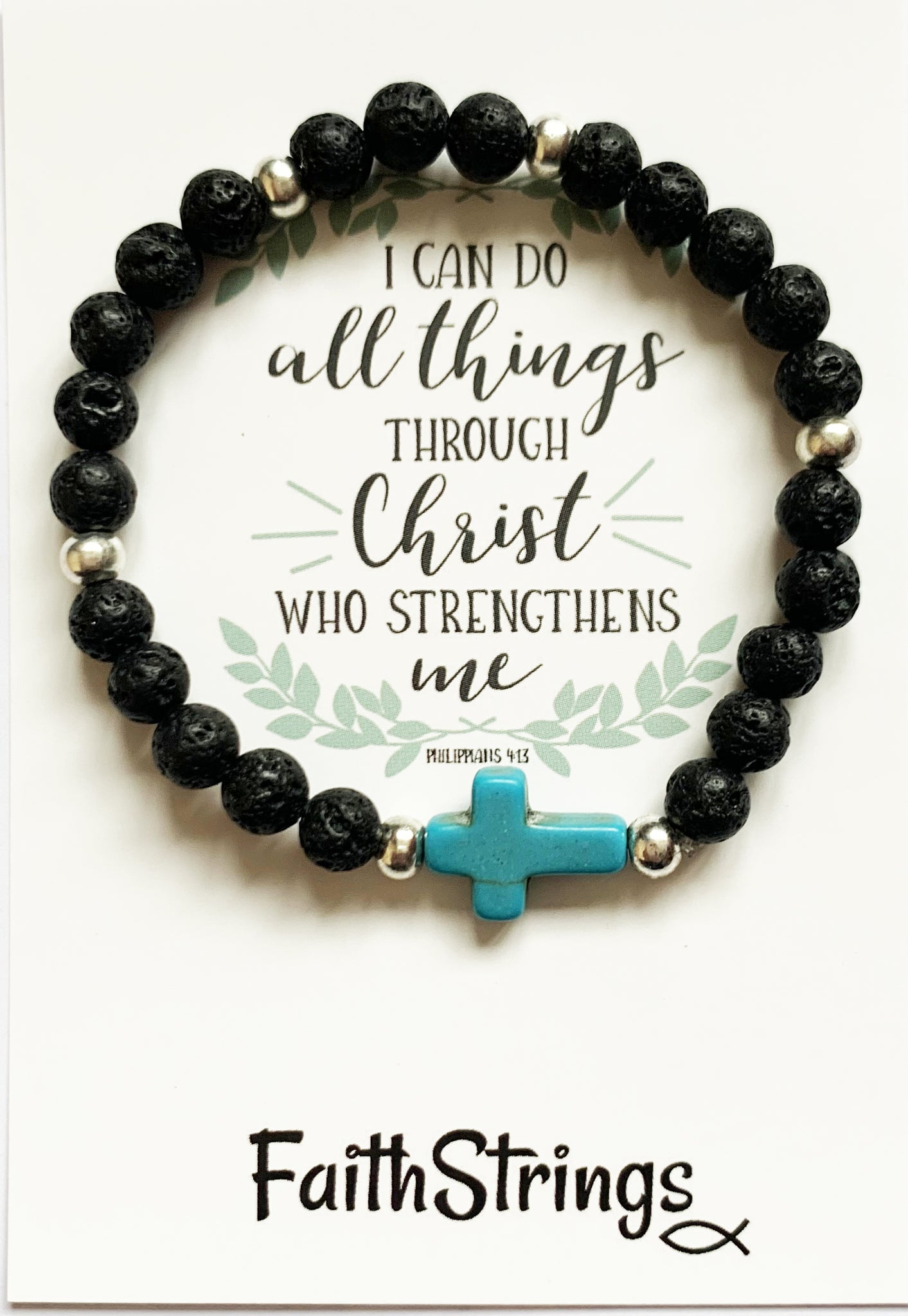 Christian Gift Cross Lava & Tibetan Bead Stretch Bracelet Gift Faithstrings All things