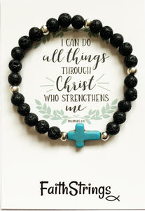 Christian Cross Lava & Tibetan Bead Stretch Bracelet Gift