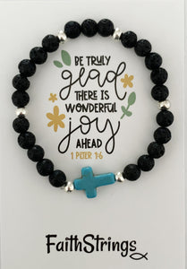 Christian Cross Lava & Tibetan Bead Stretch Bracelet Joy Gift
