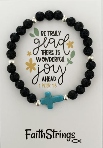 B11 - Cross Lava & Tibetan Bead Stretch Bracelet - Wholesale