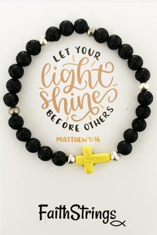 Christian Cross Lava & Tibetan Bead Stretch Bracelet Light Gift
