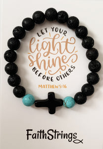 Christian Gift Lava Bead Bracelet Black Cross Turquoise Bead Light Shine
