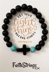 Christian Cross Lava Bead Bracelet Black Turquoise Light Gift