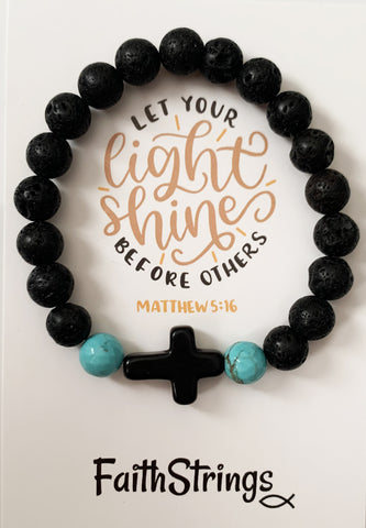 Christian Cross Lava Bead Bracelet Black Turquoise Light Gift - Wholesale