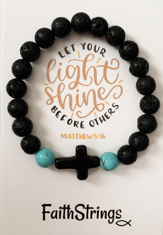 Christian Gift Lava Bead Bracelet Black Cross Turquoise Bead Light Shine